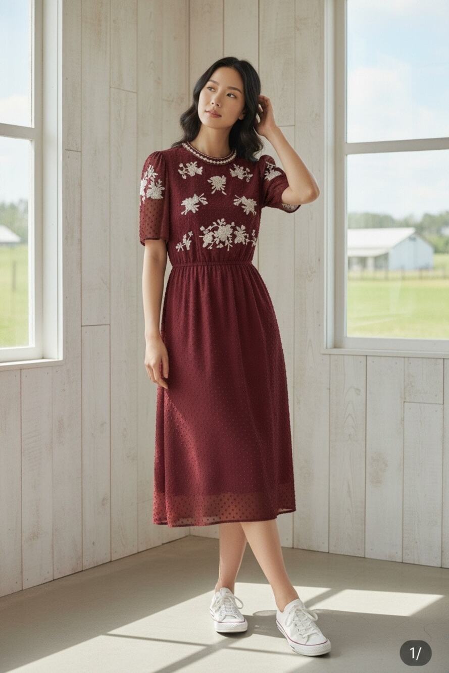 Bohme Floral Embroidered Swiss Dot Midi Dress Small Burgundy Maroon